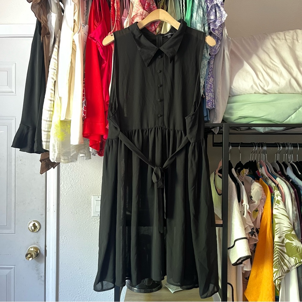 WIDOW dollskill black sheer button up belted sleeveless mini dress